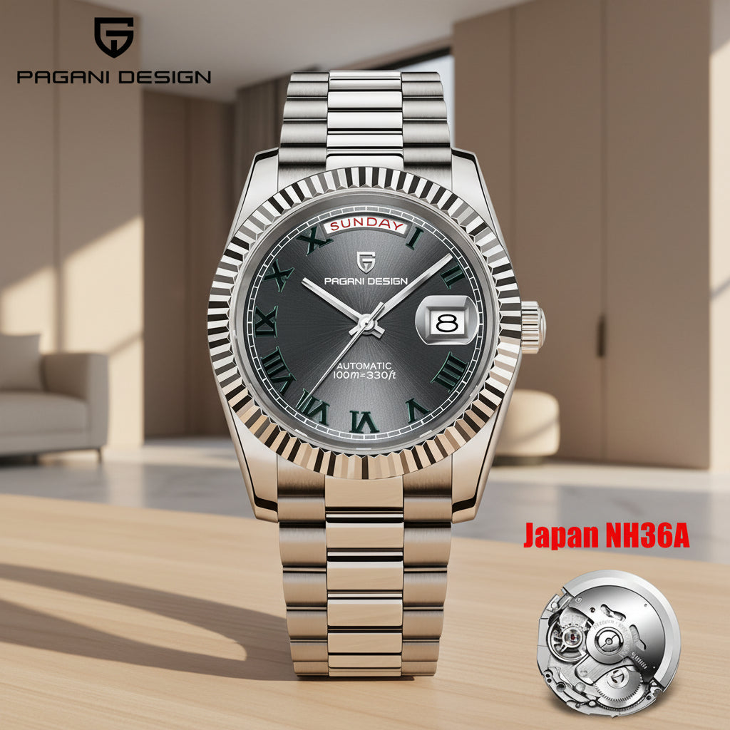 Pagani Design watch with silver metal strap and black dial on a white background