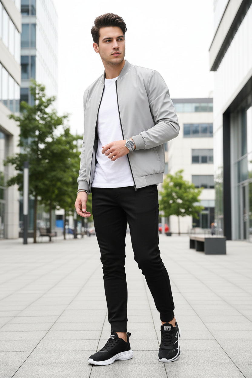 Black running shoes with white soles worn by a person on a gray background