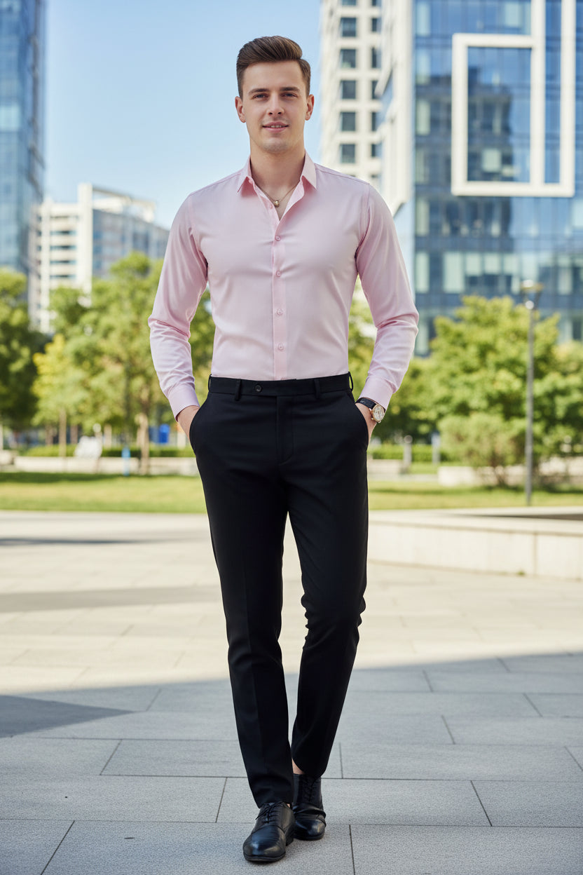 Person wearing a pink dress shirt holding a black wallet indoors.