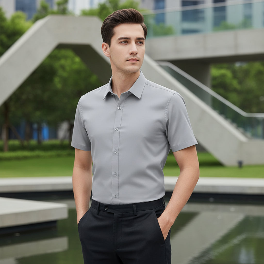 Folded gray dress shirt on a white background