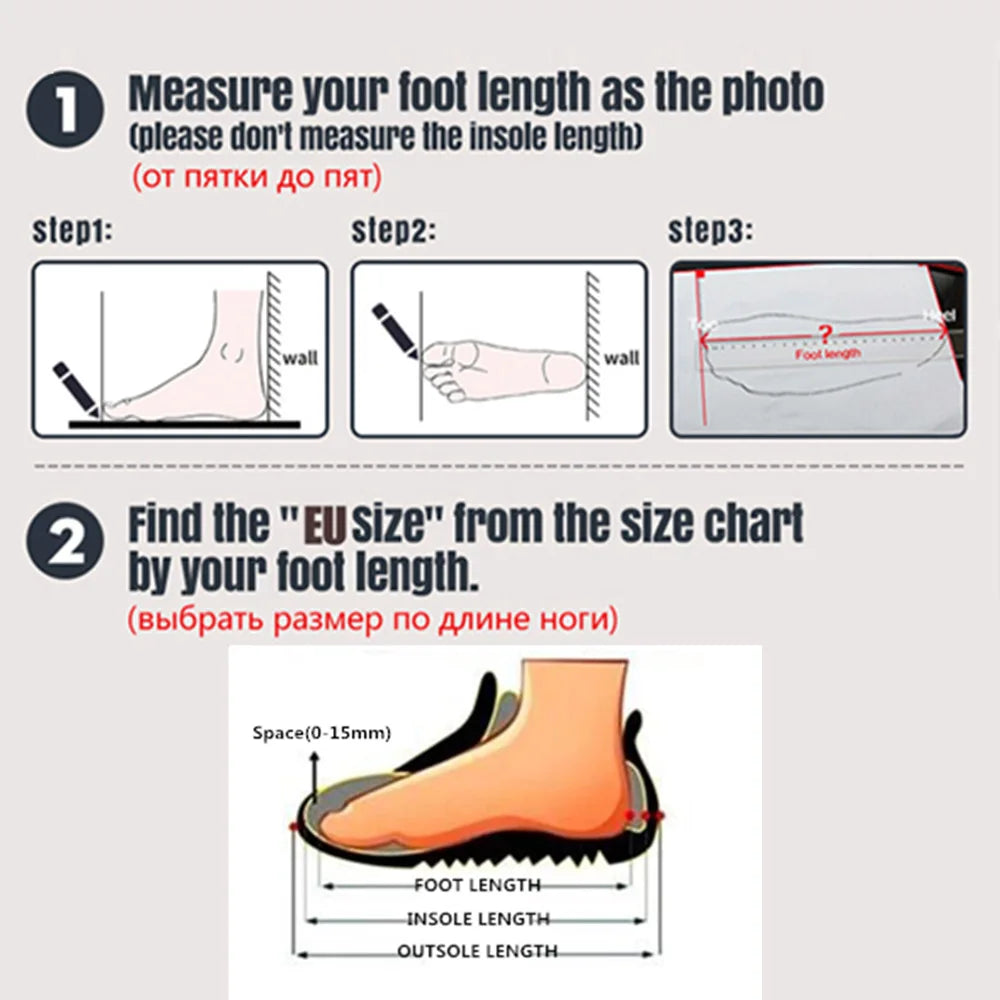 Instructions for measuring foot length and finding EU size on a shoe size chart.