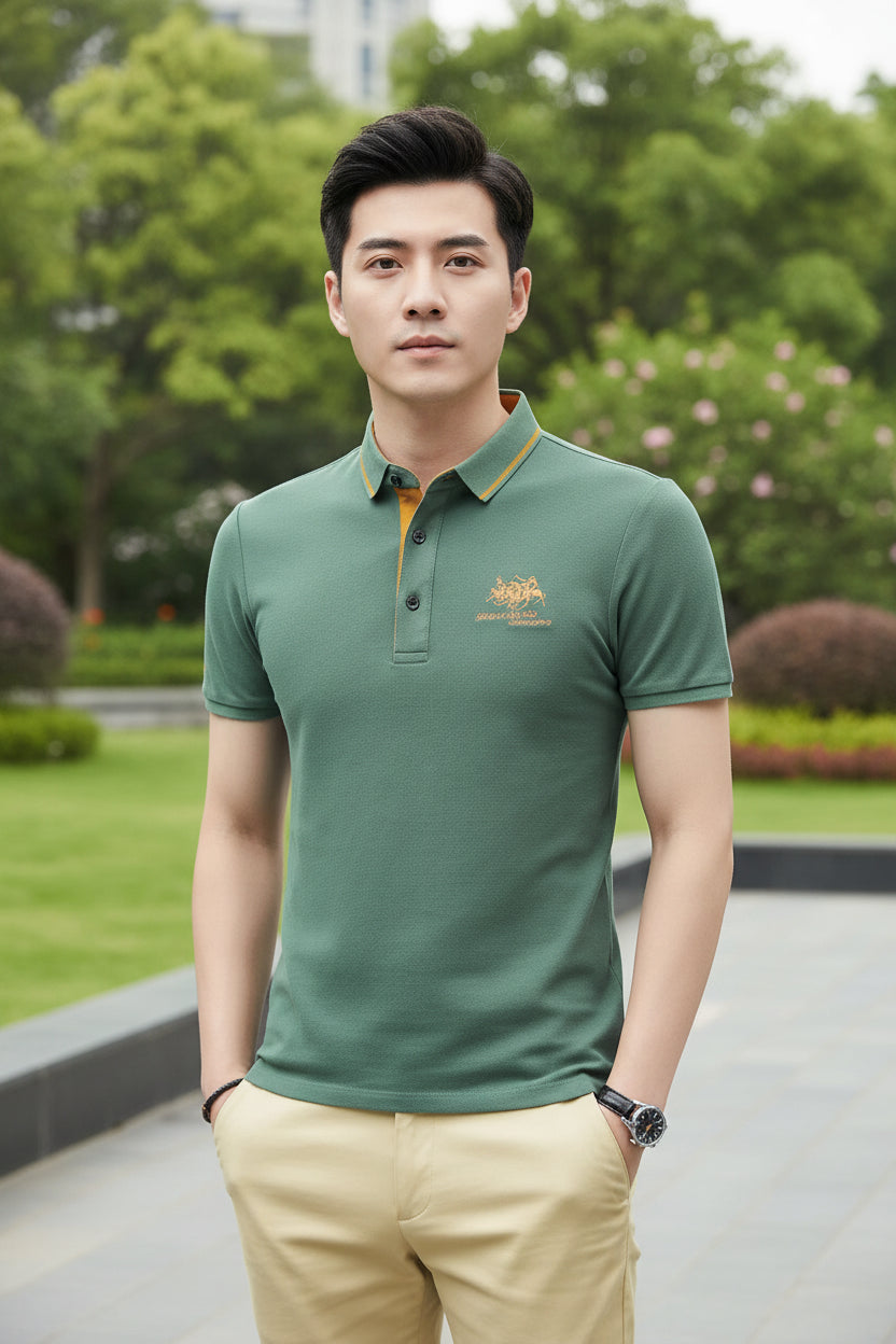 Green polo shirt with yellow accents on a gray background