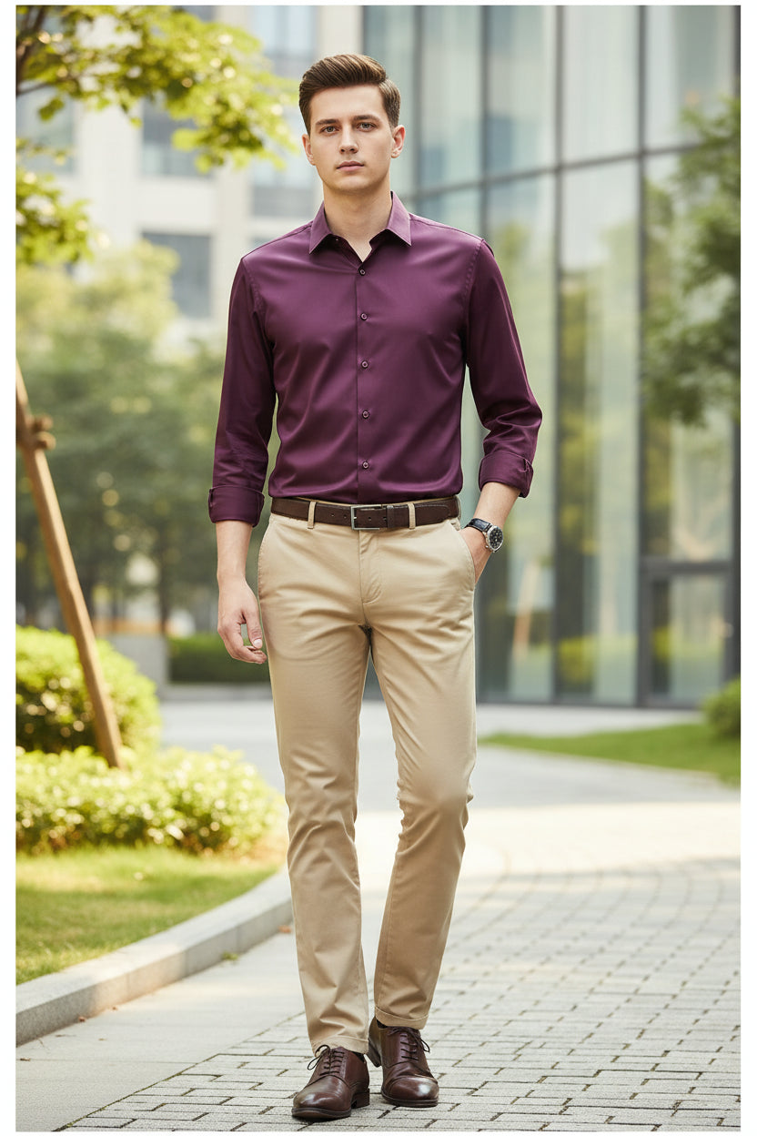 Purple shirt worn by a person on a dark background