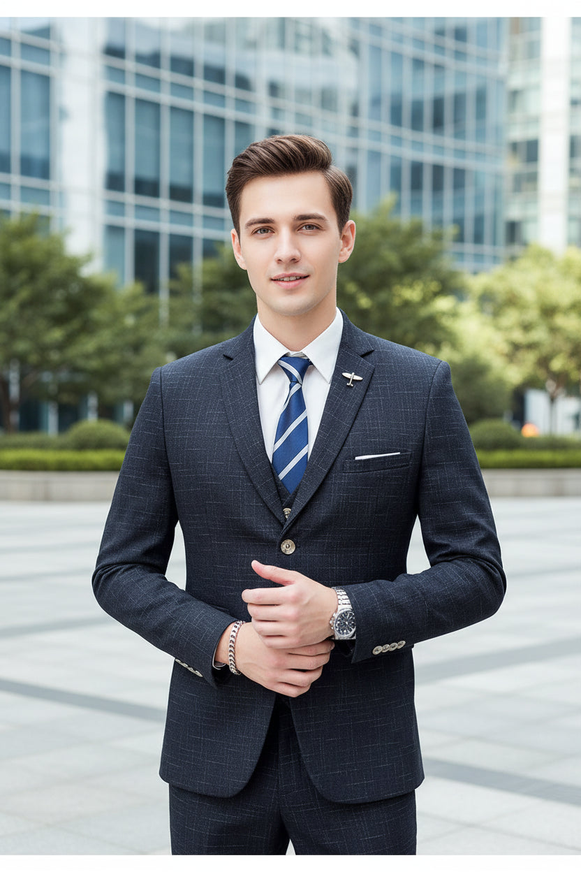 Man in a dark suit with a blue striped tie holding a phone indoors.