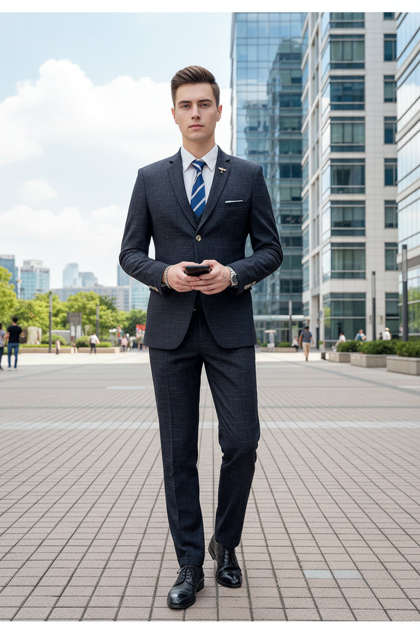 Man in a dark suit with a blue striped tie holding a phone indoors.