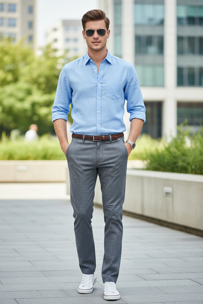 Stack of mid-grey summer pants on a white background with 'Summer Pants' text above.