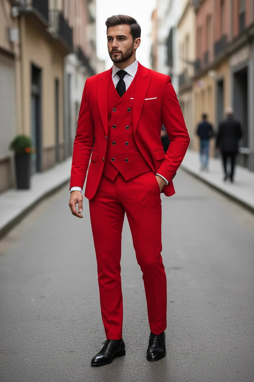 Man wearing a red suit with a blurred street background