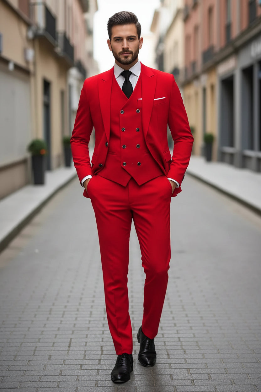 Man wearing a red suit with a blurred street background