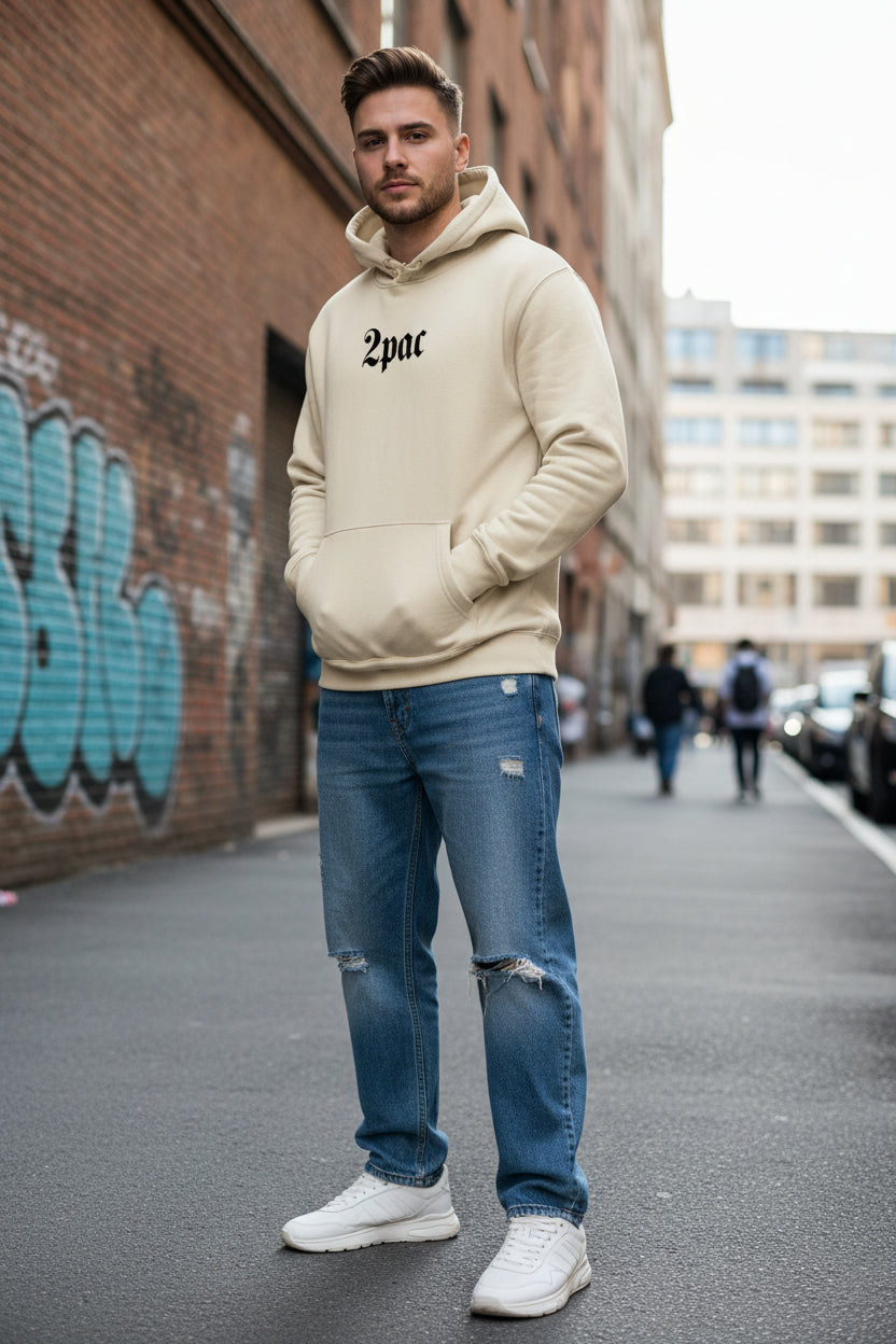 Beige hoodie with '2Pac' text and graphic on front and back