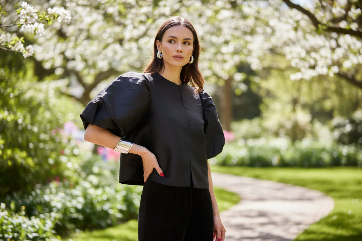 Satin Bubble Sleeve Casual Shirt for Women - Elegant Round Neck