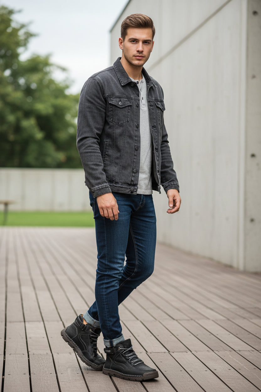 Black leather boot with gray laces on a white background, featuring the Clohoo brand.