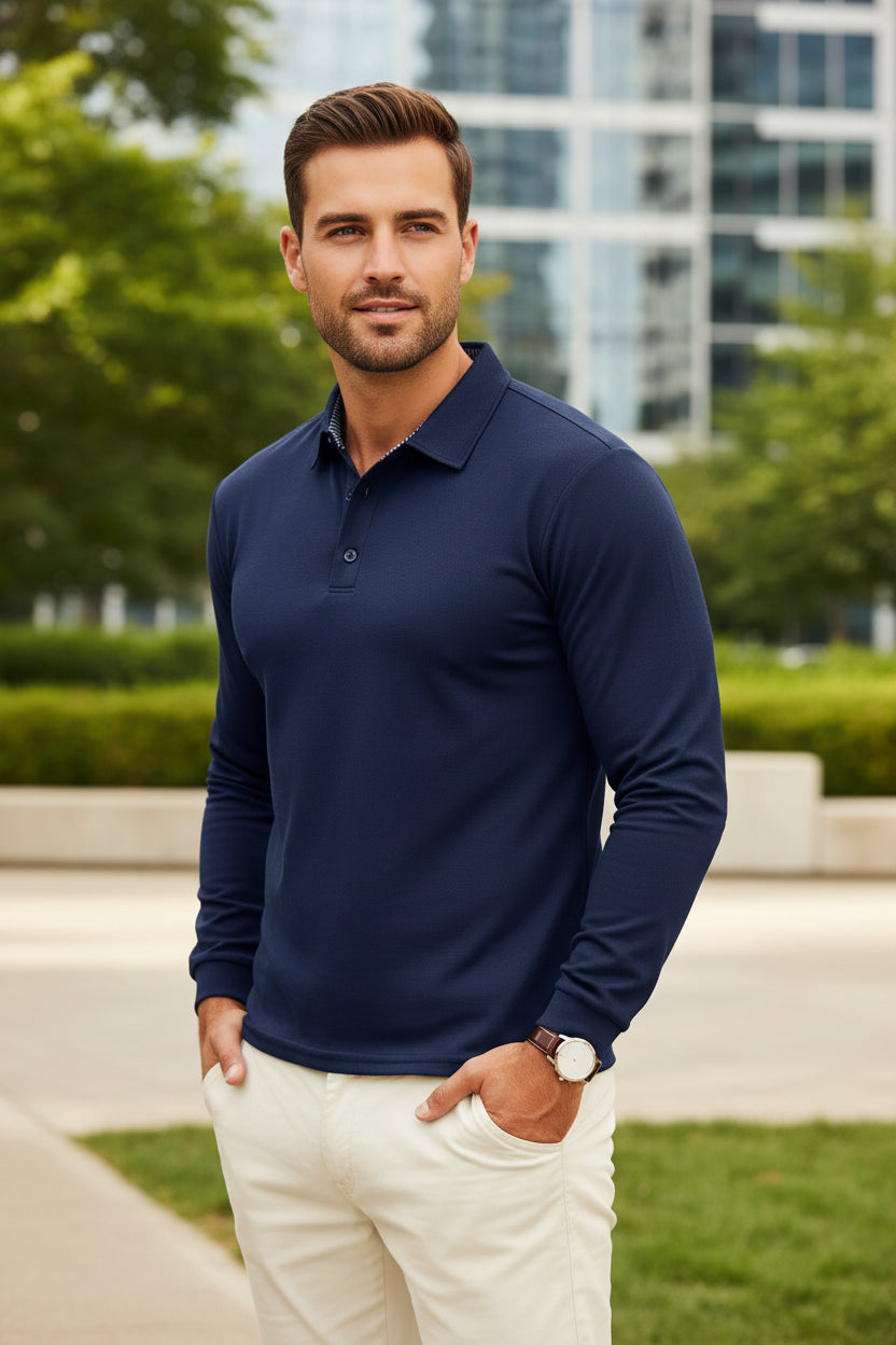 Navy long-sleeve polo shirt worn by a person on a white background