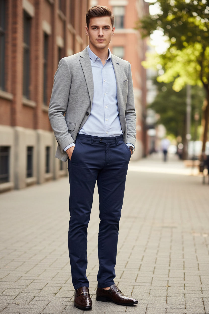 Pair of brown dress shoes with a textured finish on a white background