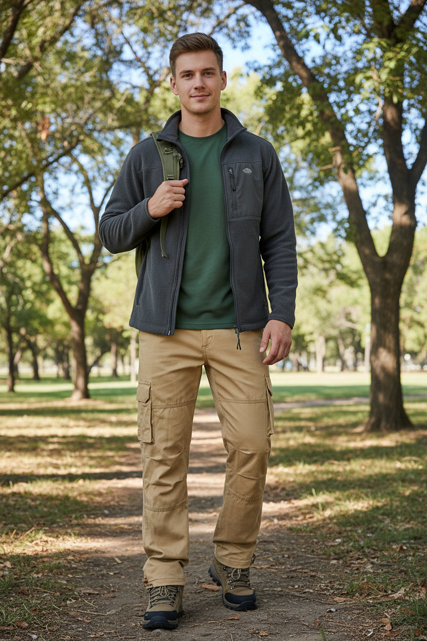 Beige cargo pants worn by a person on a white background