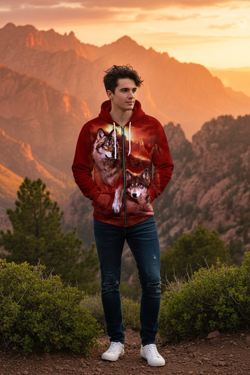 Red hoodie with wolf design on a white background