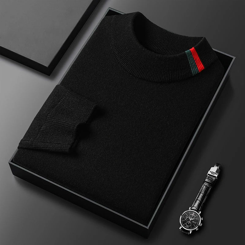 Autumn and Winter New Luxury Cashmere Sweater Men's Half High Collar Sweater High End Base Knitted Warm Wool Sweater Trendy