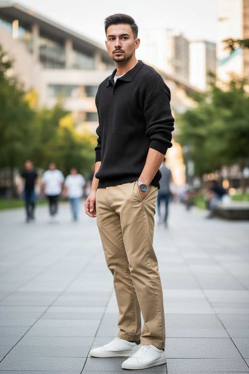 Man wearing a dark gray sweater with a blurred background