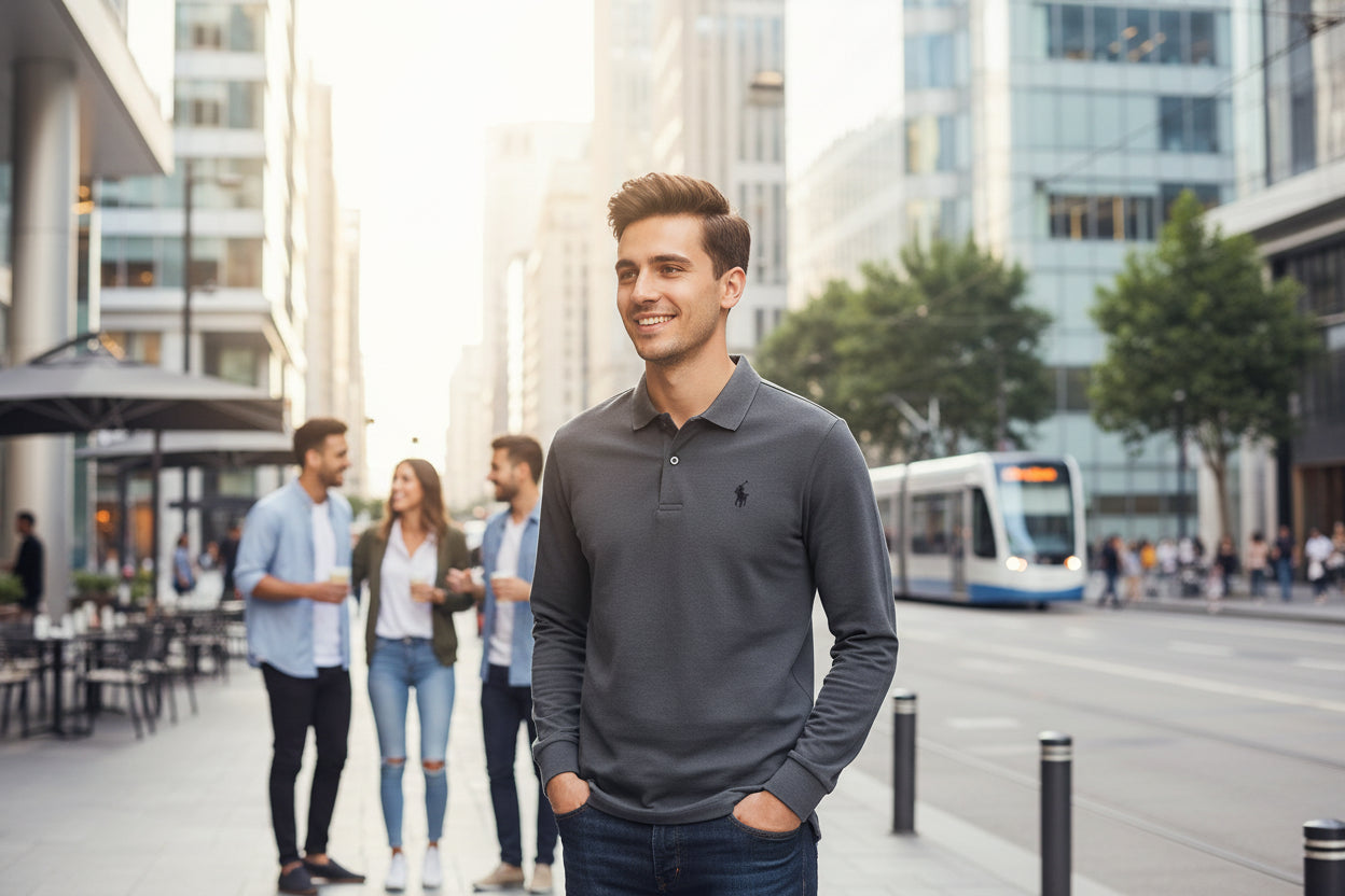 Gray long-sleeve polo shirt with a brand logo on a hanger against a background of other colored shirts.