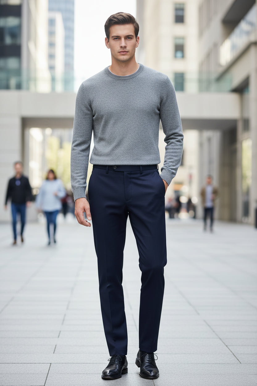 Folded navy blue pants on a gray surface