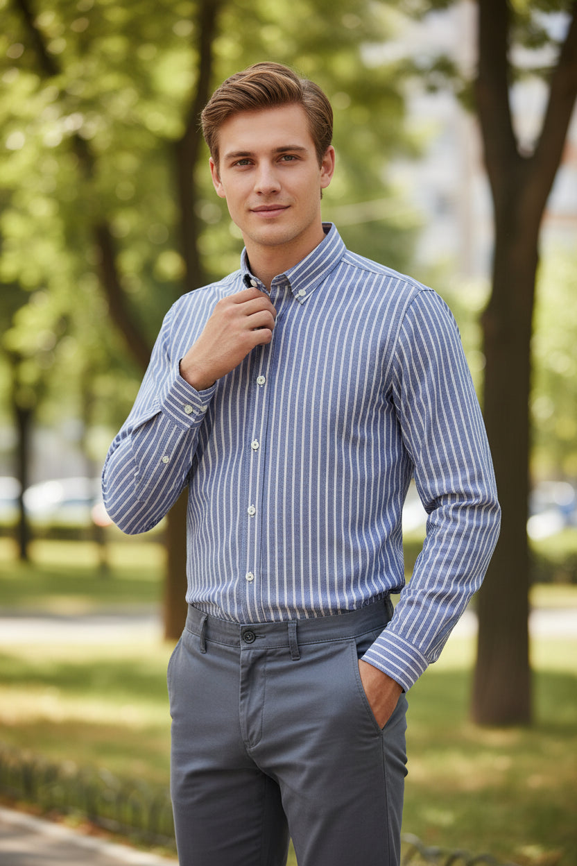 Folded blue and white striped shirt with close-up of fabric texture on a white background