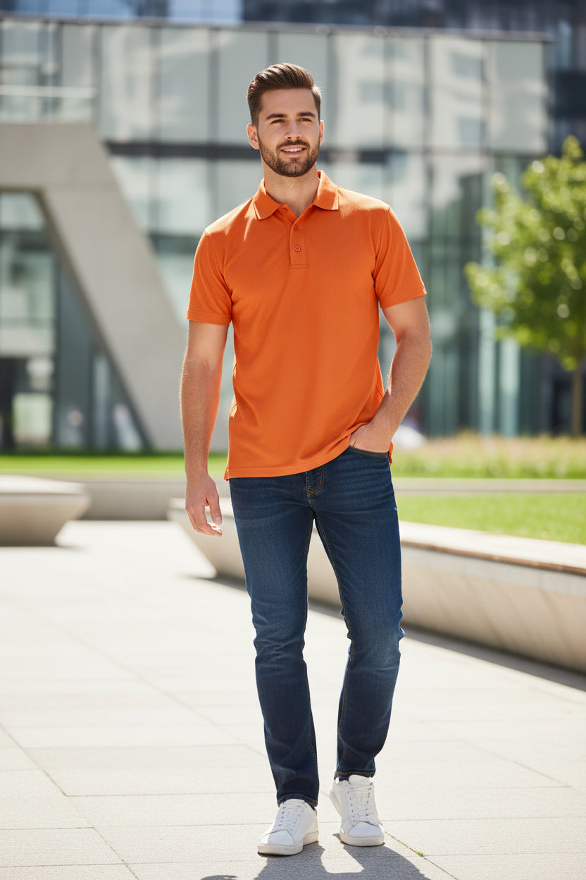 Orange polo shirt on a white background