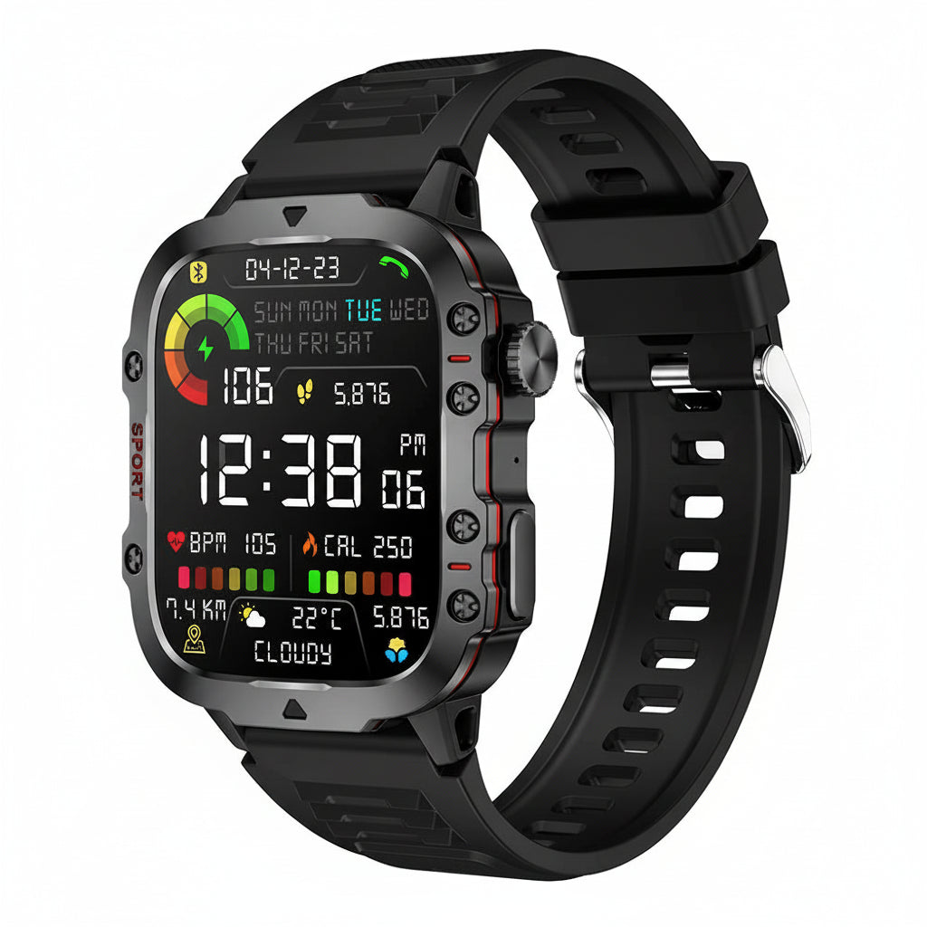 Black digital smartwatch with a detailed display on a white background