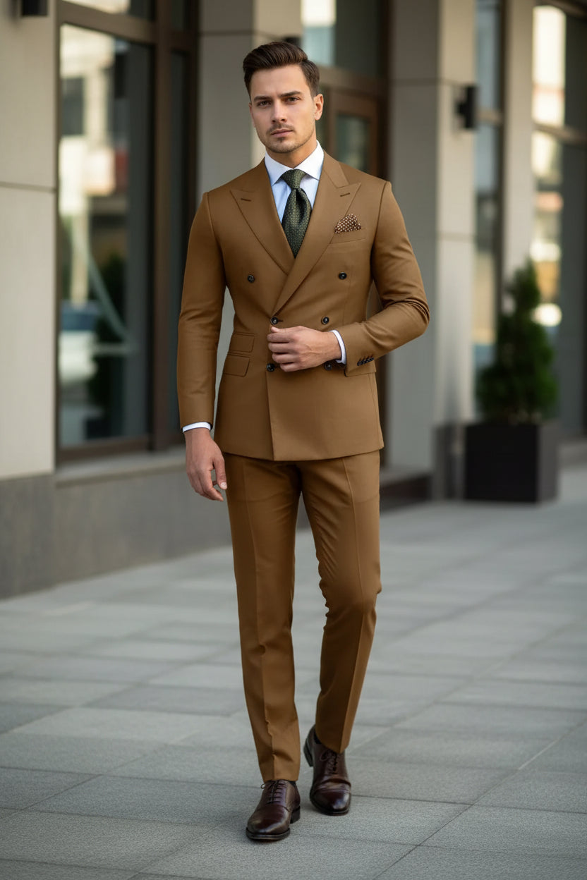 Man wearing a brown suit with a patterned tie and pocket square.