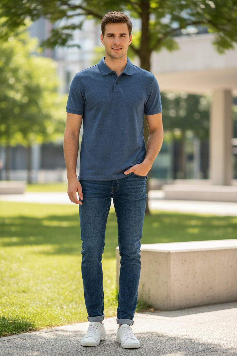 Blue polo shirt on a hanger with other colored polos in the background