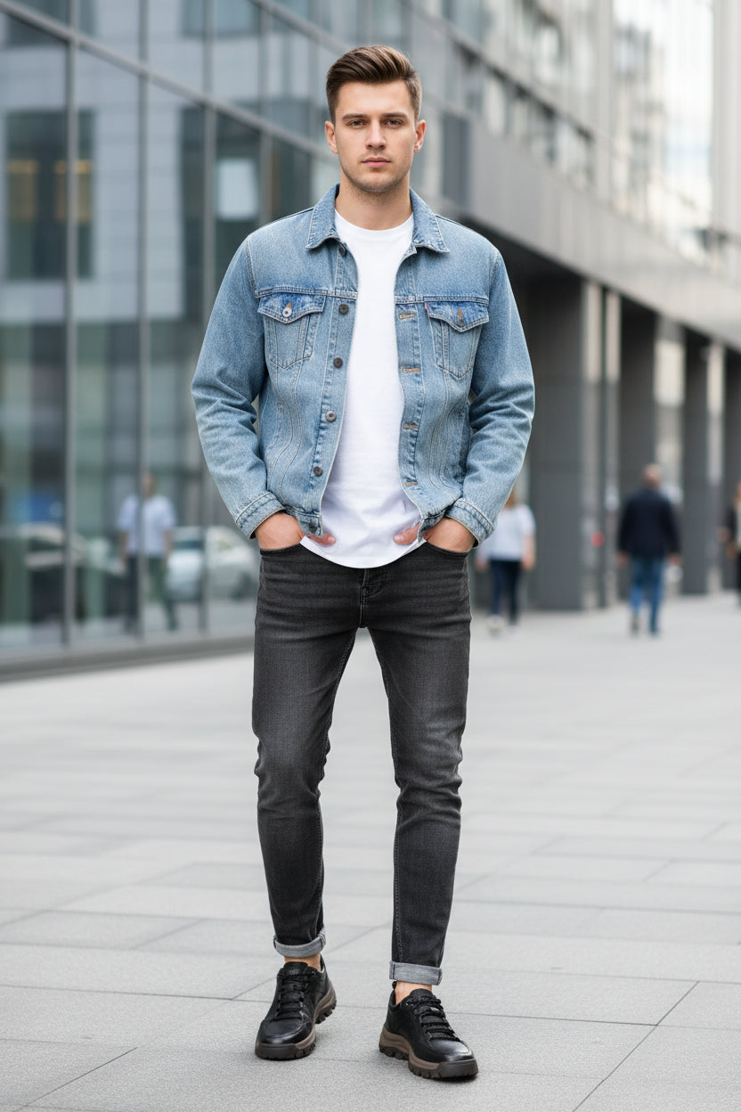 Black leather sneakers worn on a wooden floor