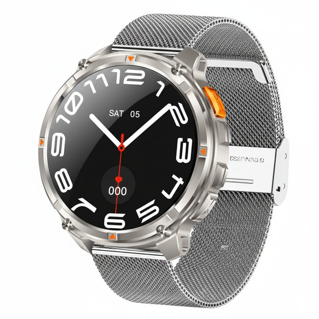 Smartwatch with metallic band on a dark background, highlighting features like high-capacity battery and waterproof swimming.