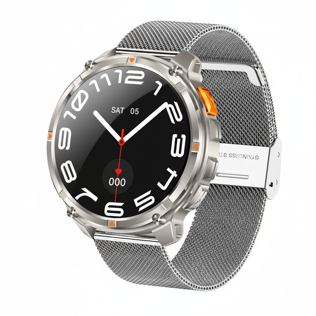 Smartwatch with metallic band on a dark background, highlighting features like high-capacity battery and waterproof swimming.