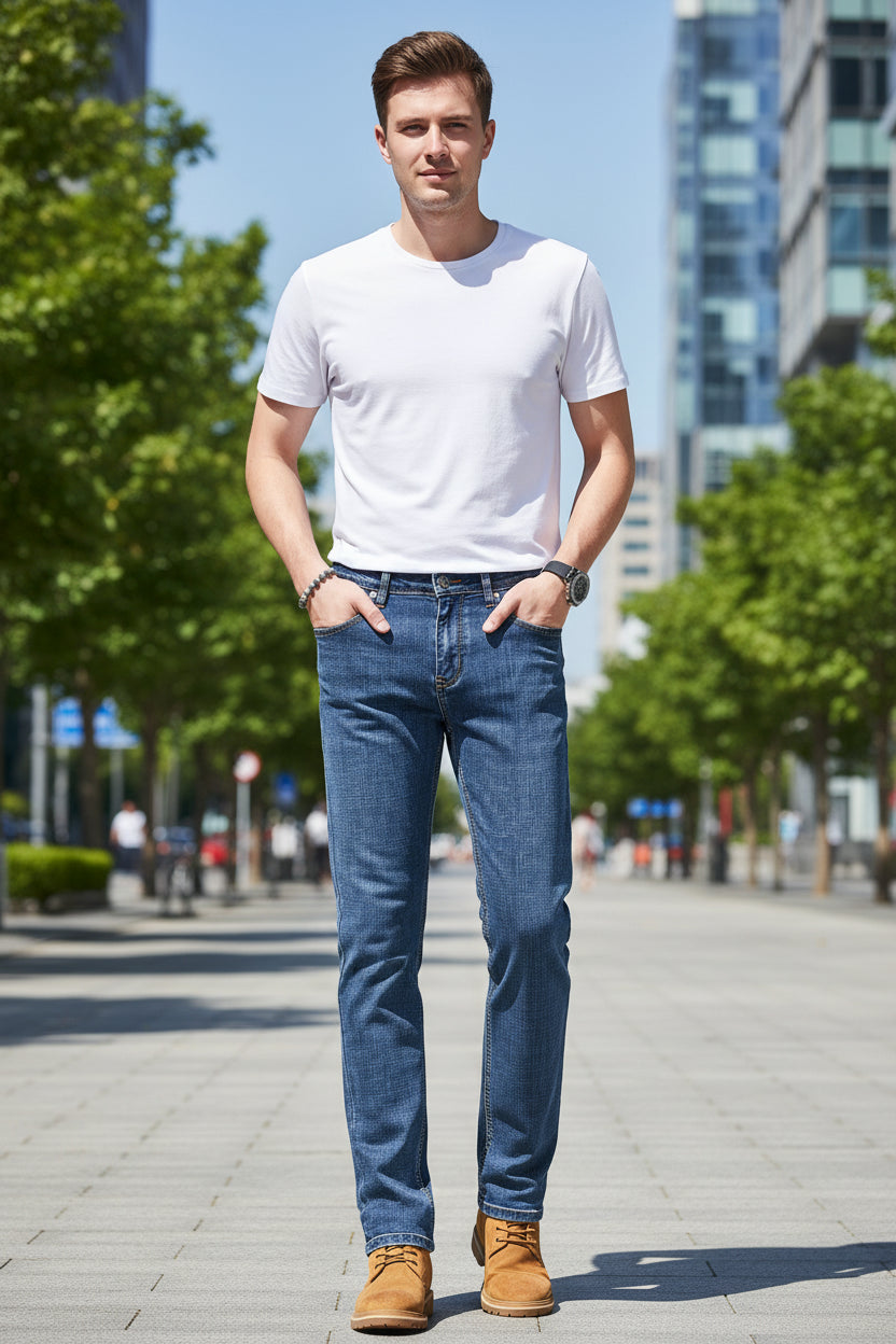 Blue jeans displayed with a folded pair on a white background
