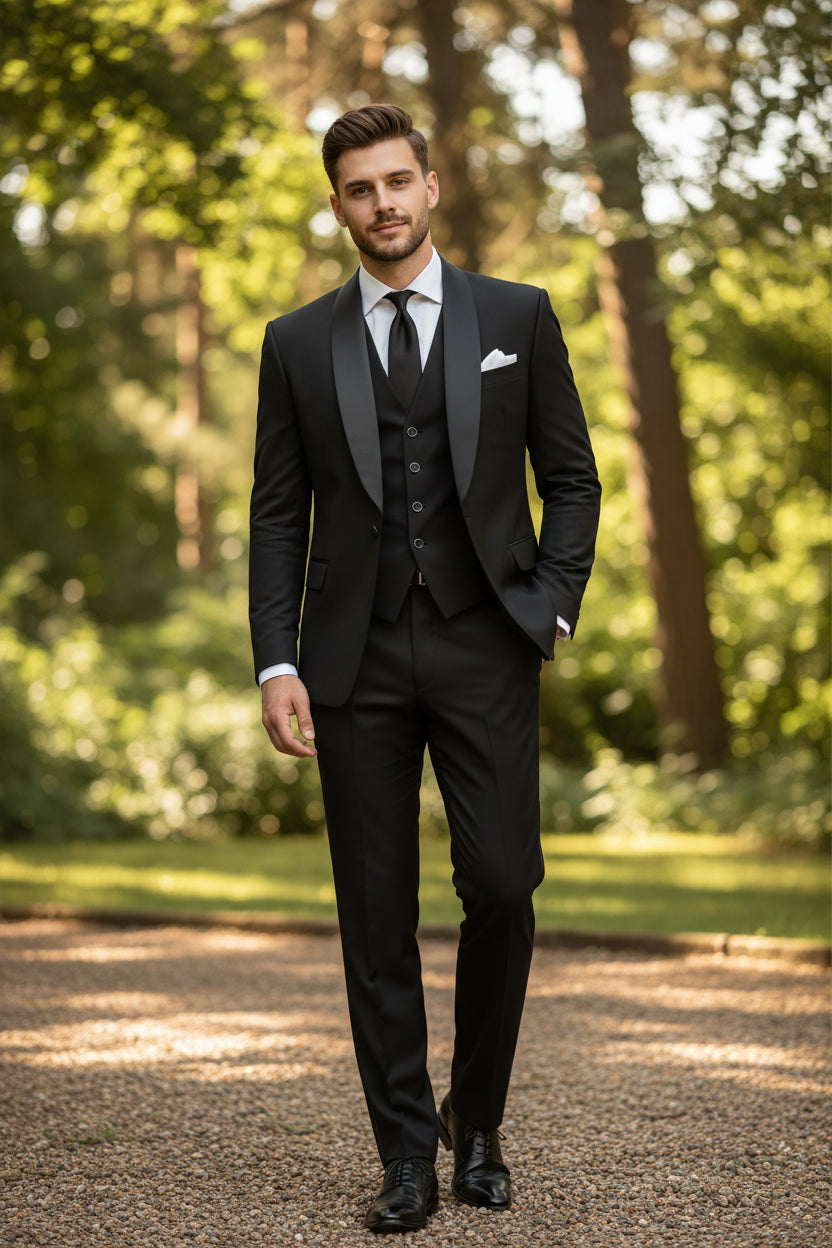 Black tuxedo with white shirt and black tie on a light gray background