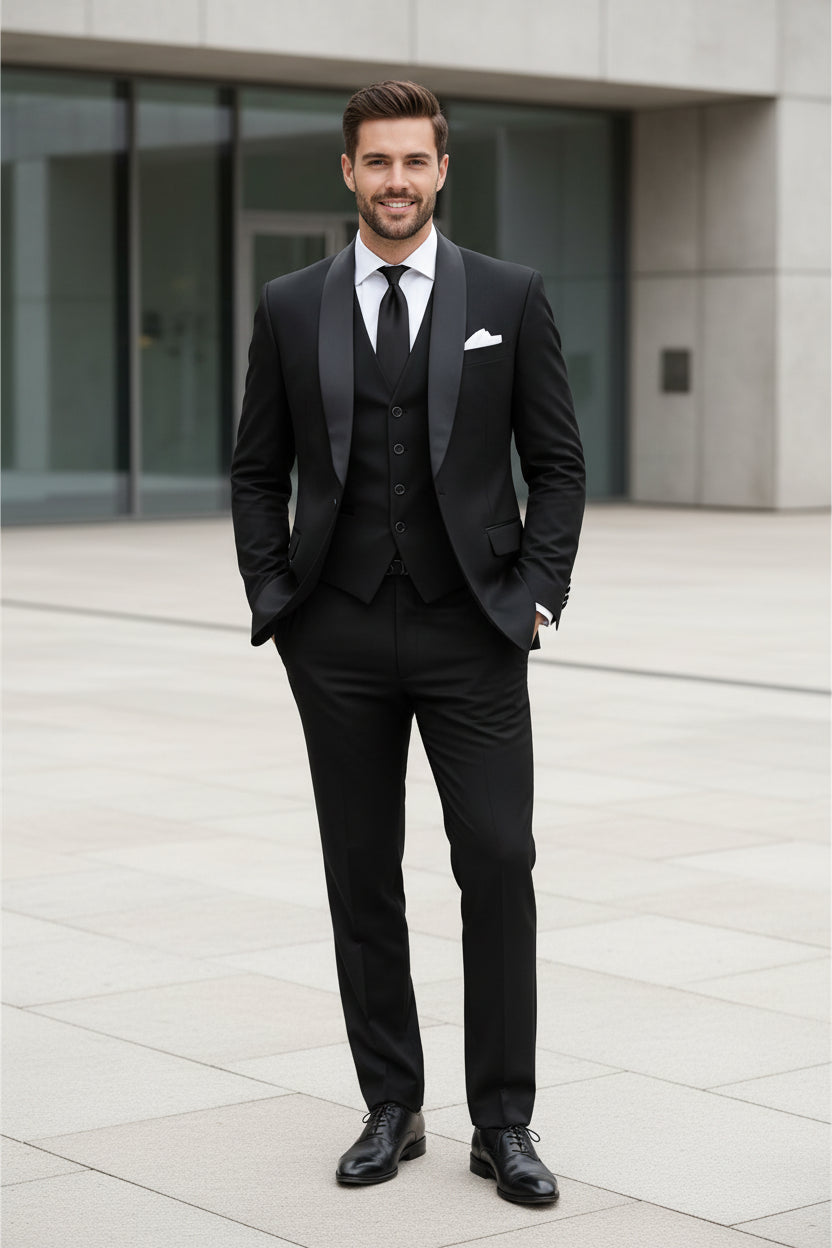 Black tuxedo with white shirt and black tie on a light gray background