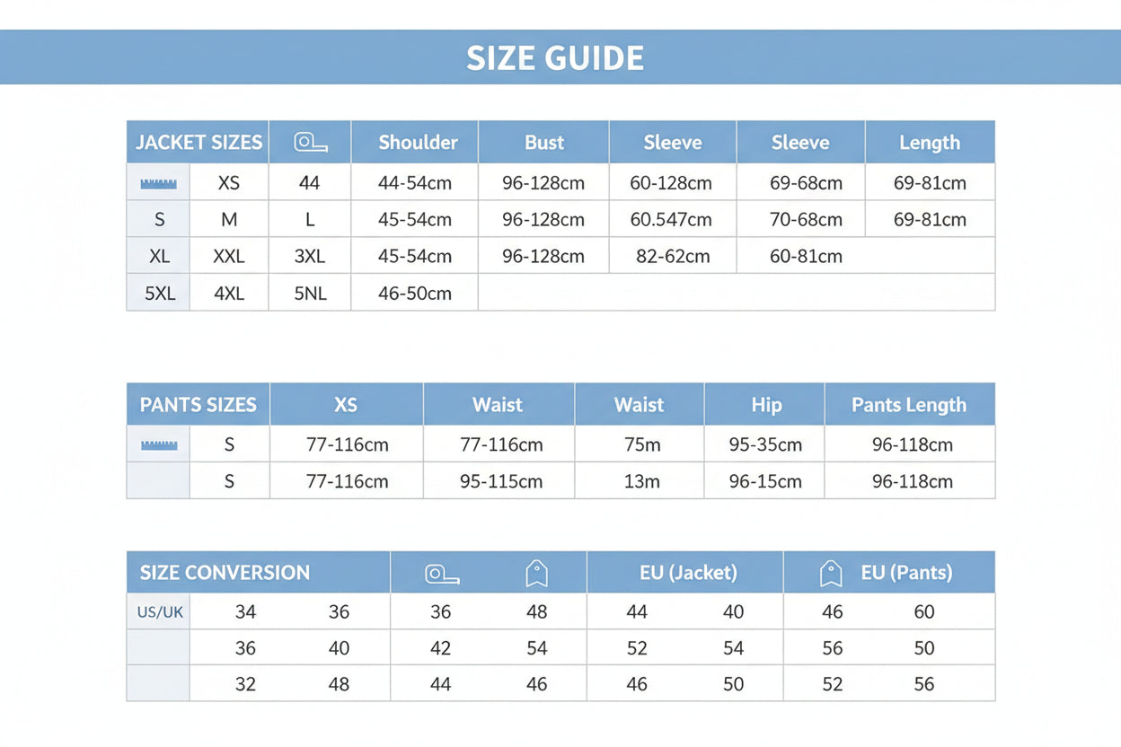 Measurement chart for suits and pants with size specifications.