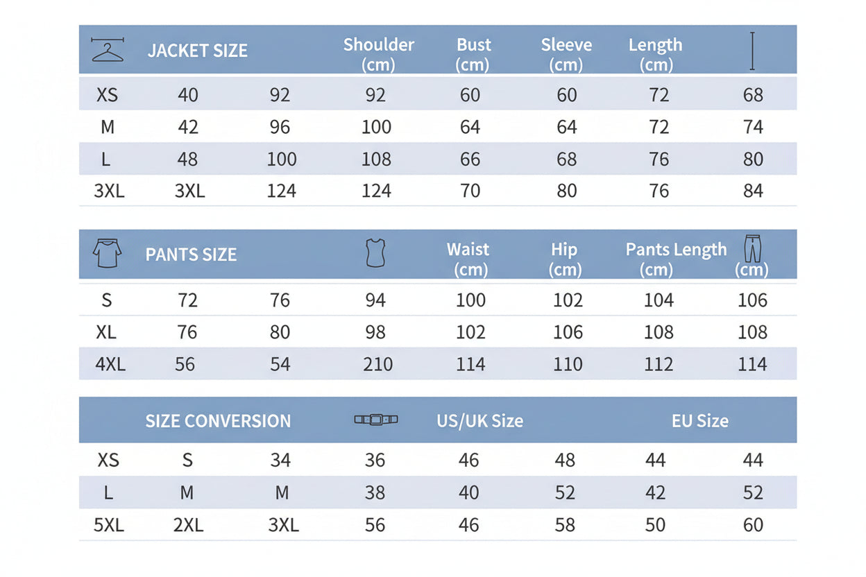 Measurement chart for suits and pants with size specifications.