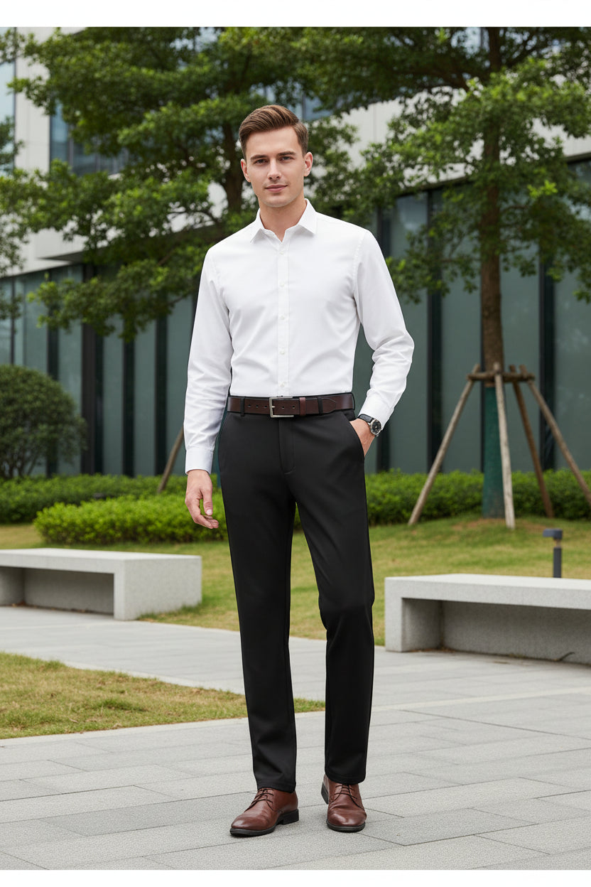 Person wearing black dress pants with a brown belt and shoes on a gray background
