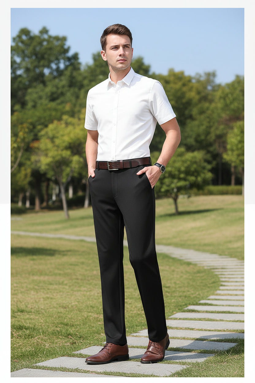Person wearing black dress pants with a brown belt and shoes on a gray background