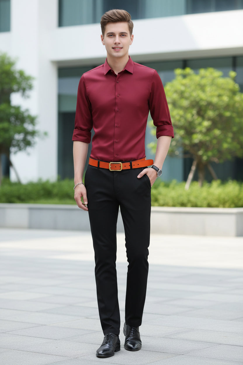 Red shirt worn by a person on a gray background