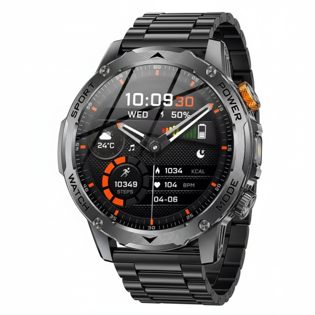 Smartwatch with metal band and display showing various functions on a white background