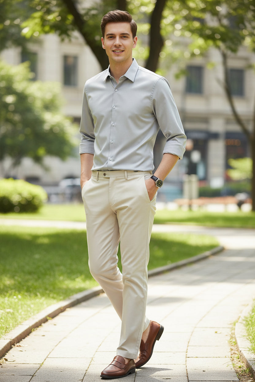 Man wearing a light gray dress shirt with rolled-up sleeves on a black background