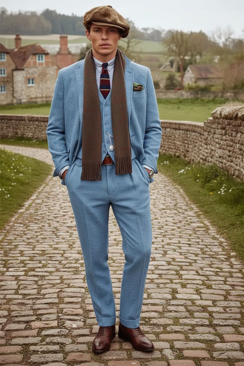 Man in a light blue suit and flat cap standing in a rural setting