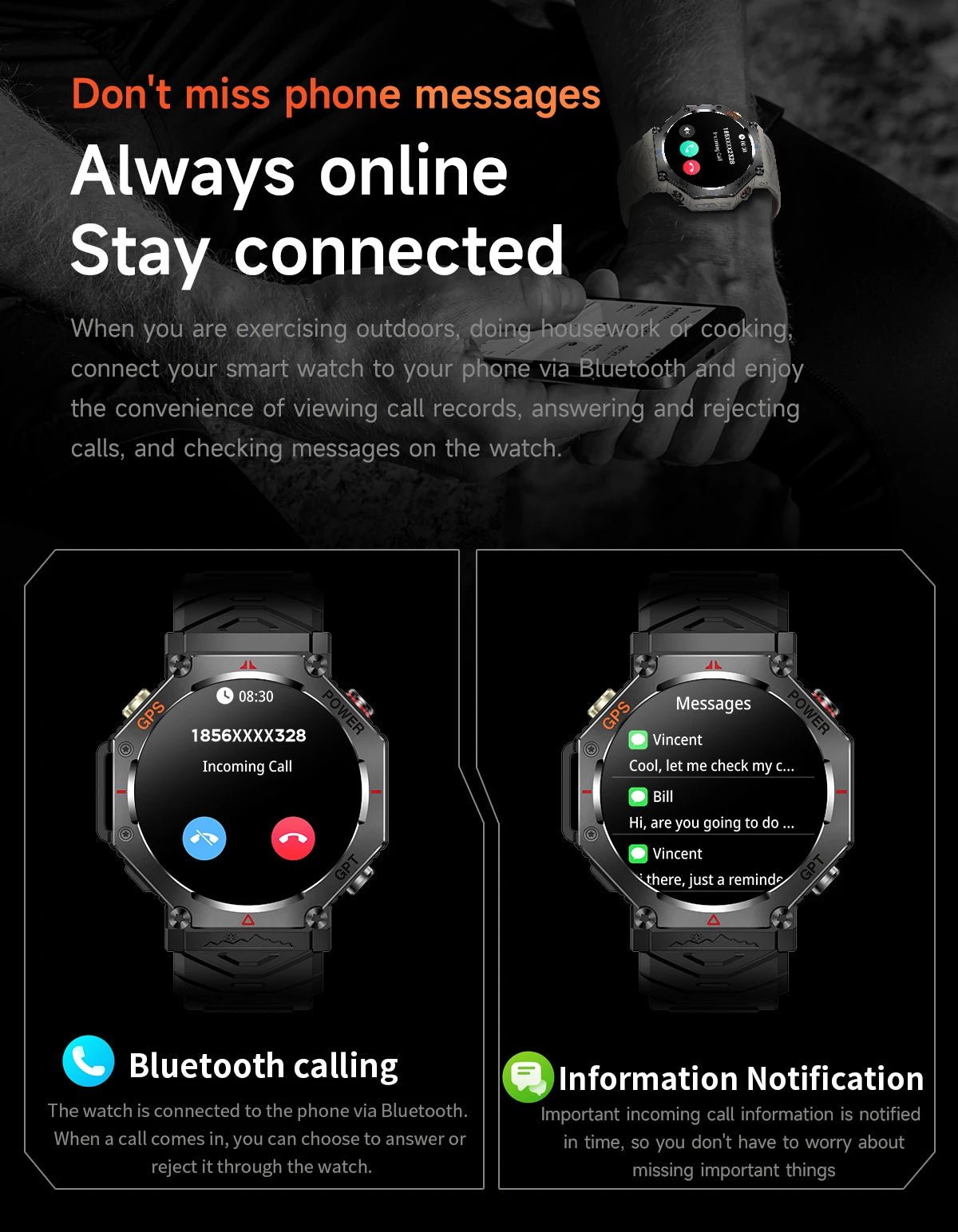 Smartwatch with text highlighting phone message notifications and Bluetooth calling features.