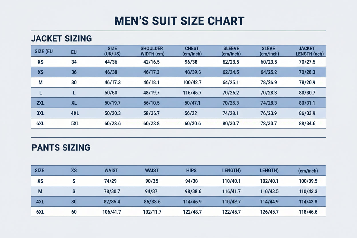 Standard suits size chart with jacket and pants measurements in centimeters and inches.