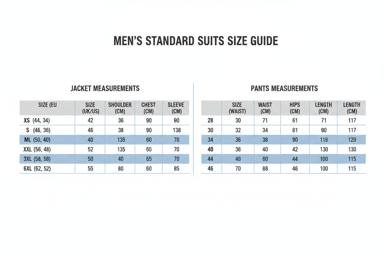 Standard suits size chart with jacket and pants measurements in centimeters and inches.