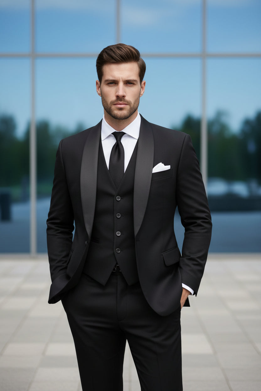 Black suit with white shirt and black tie on a light gray background