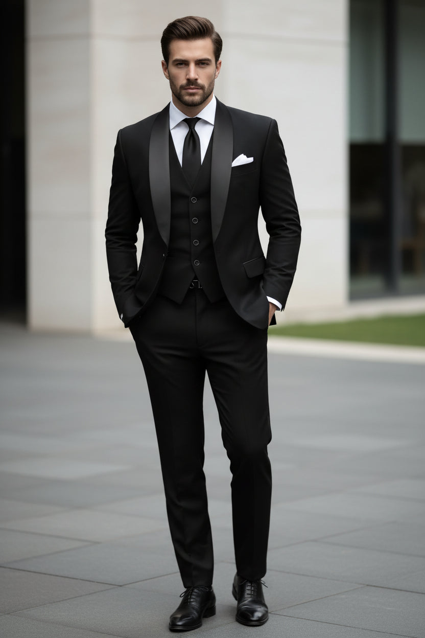 Black suit with white shirt and black tie on a light gray background