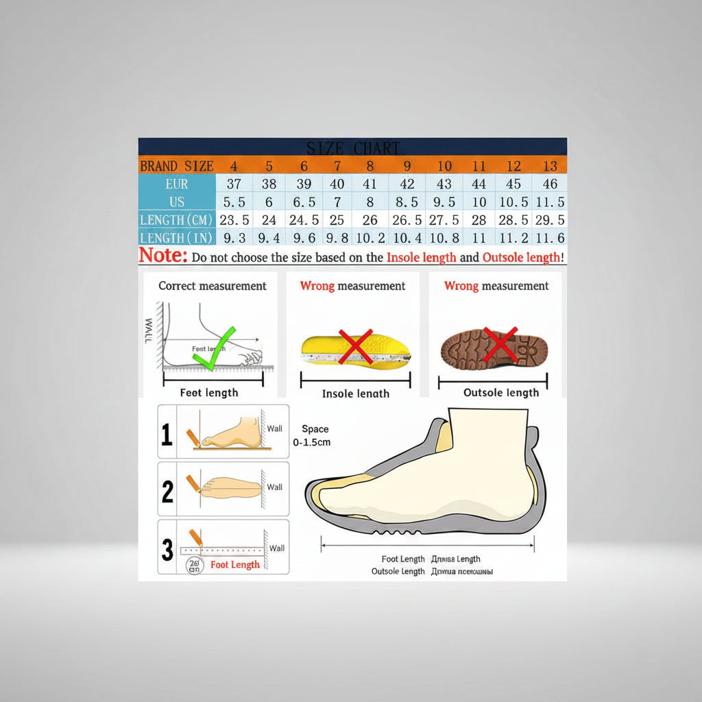 Size chart for shoes with measurements and illustrations of correct and incorrect measurement methods.