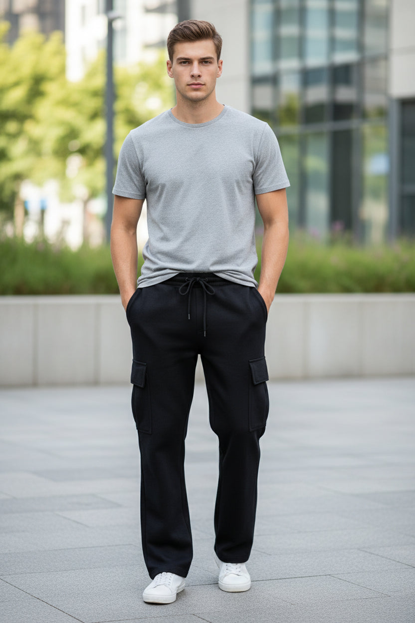Person wearing black pants and a gray shirt on a white background