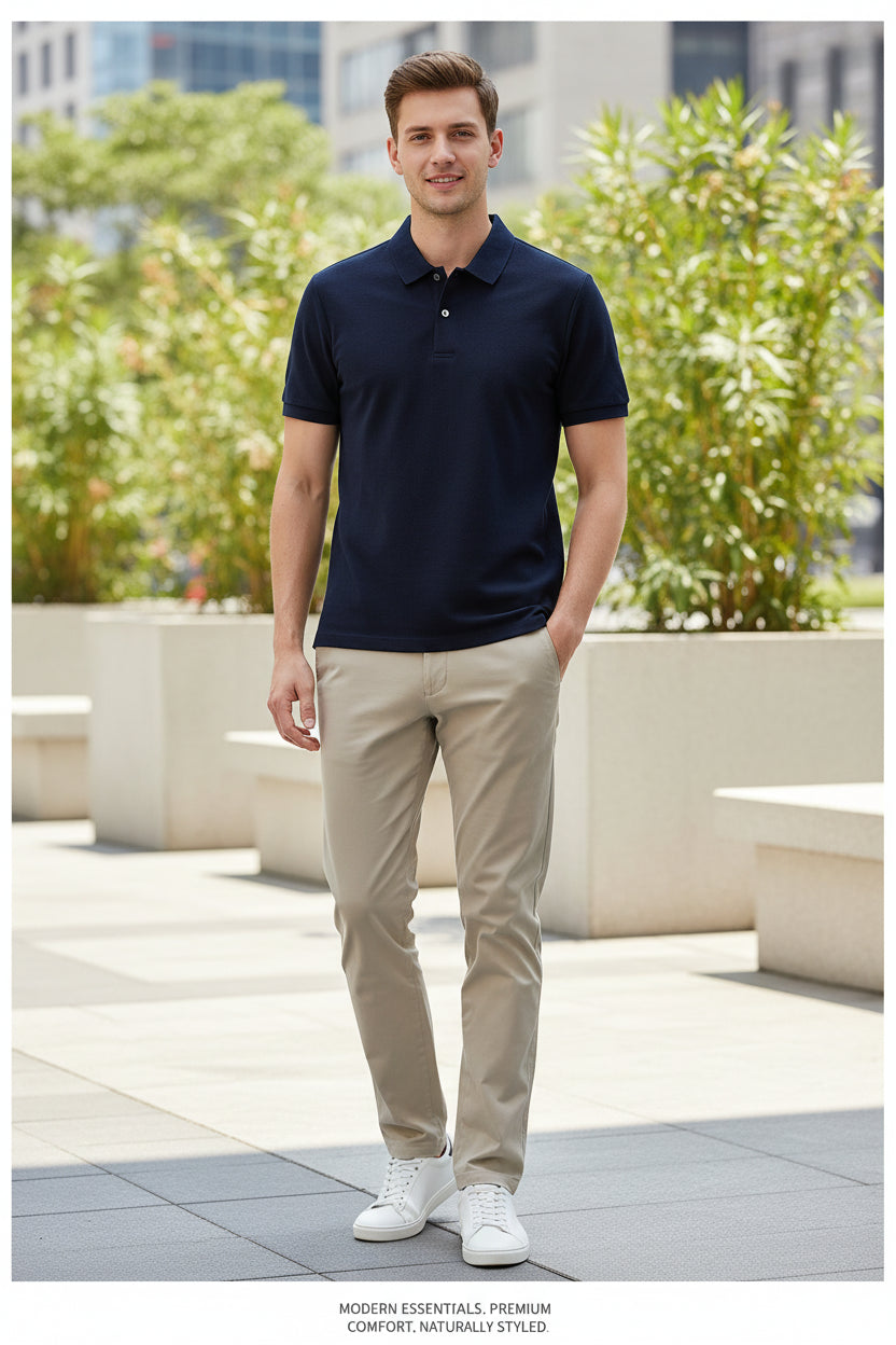 Navy blue polo shirt on a hanger with other shirts in the background